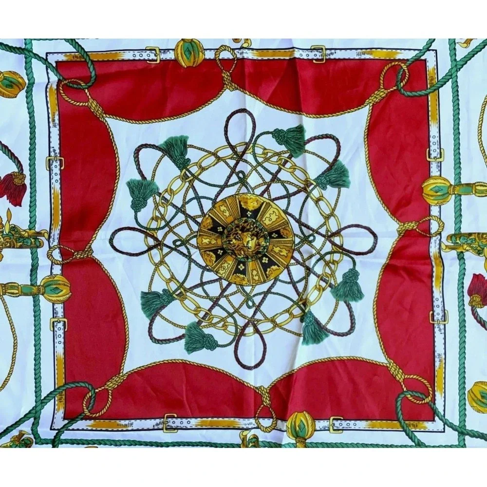 Maria Callas Italy Silk Scarf Equestrian Tassels Medallions Red Gold 34
